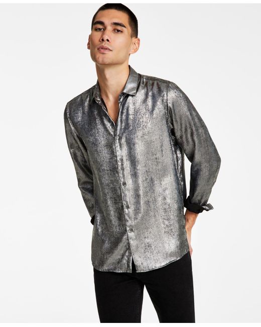 INC International Concepts Gray Classic-fit Metallic Button-down Shirt, Created For Macy's for men