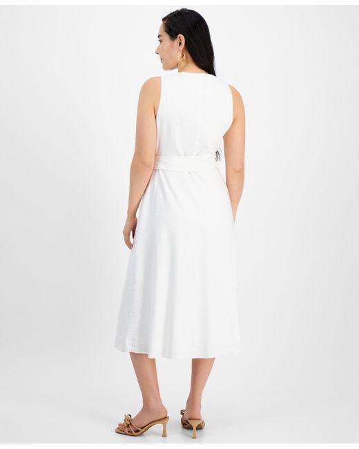 INC International Concepts White Petite Linen-blend Belted Midi Dress