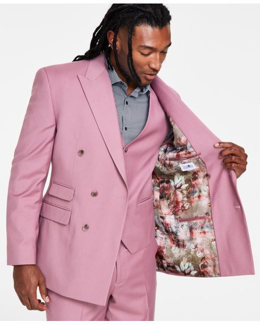 Tayion Collection Pink Classic-fit Solid Double-breasted Suit Jacket for men