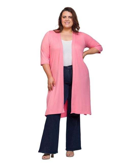 24seven Comfort Apparel Women's Pink Plus Size Knee Length Duster Cardigan  Sweater