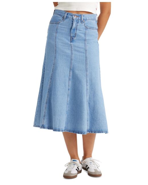 Levi's Blue Cotton Paneled Denim Midi Skirt