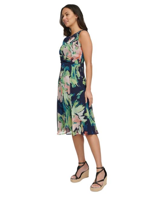 DKNY Blue Petite Printed Boat-neck Side-ruched Dress