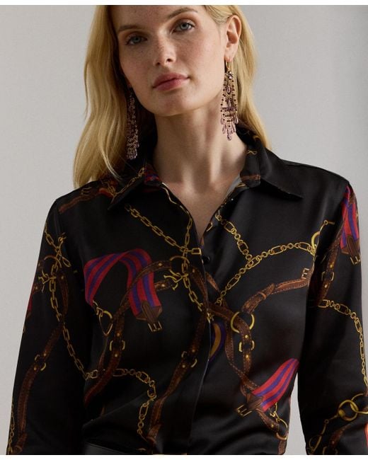 Ralph Lauren Black Classic Fit Belting Print Satin Shirt P Xs Xxl