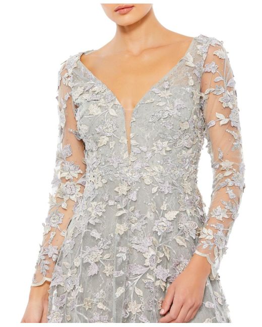 Mac Duggal White Floral Applique Long Sleeve Illusion Gown