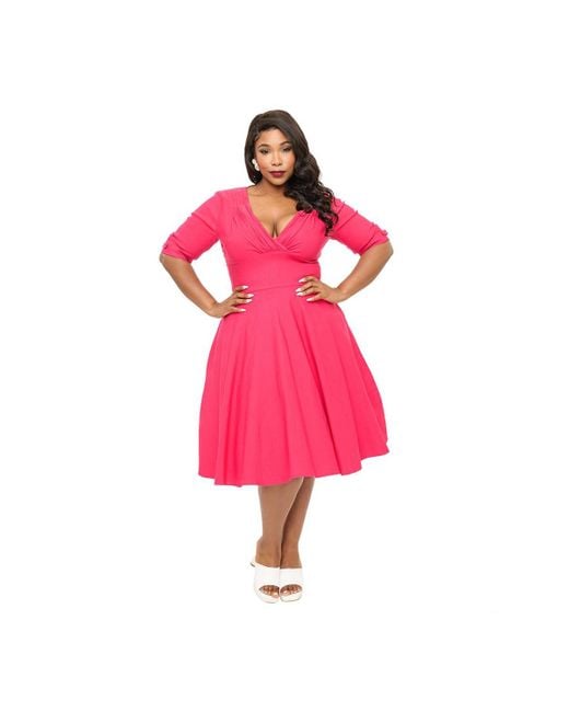 Unique Vintage Women's Pink Plus Size Half Sleeve Surplice Delores Swing  Dress