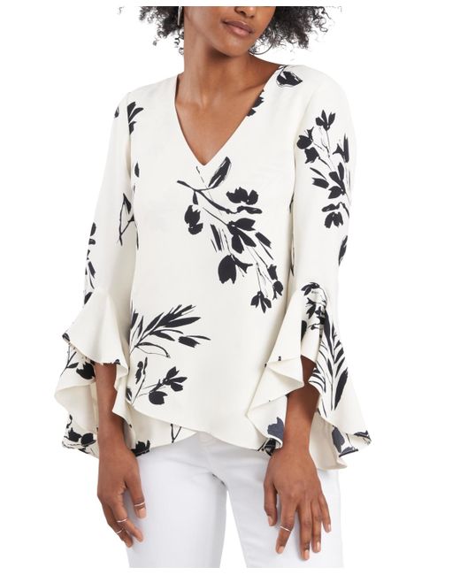 Vince Camuto Floral Whisper Printed Flutter-sleeve Blouse in White