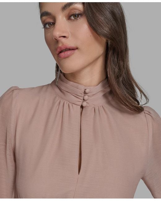 BCBGMAXAZRIA Brown Mock-neck Long-sleeve Chiffon Fit & Flare Dress