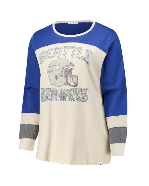 '47 Blue Cream/royal Seattle Seahawks Plus Size Double Header Curve Toni Long Sleeve T-shirt