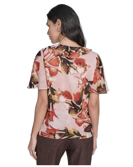 Calvin Klein Red Printed Ruffle-neck Button-front Blouse