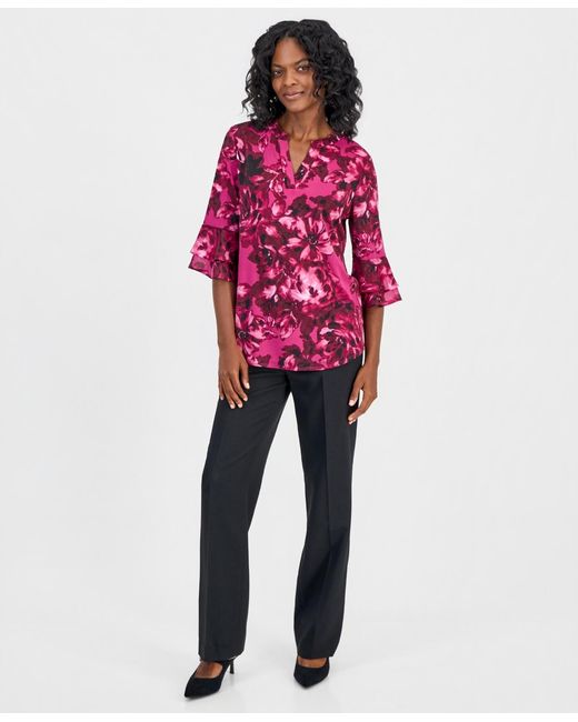 Kasper Red Petite Split Neck Flutter-sleeve Blouse