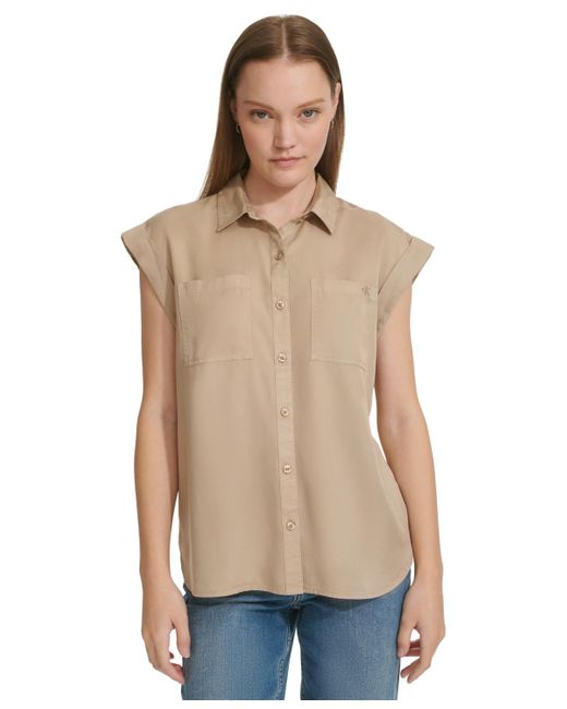 Calvin Klein Natural Petite Button-front Cap-sleeve Shirt