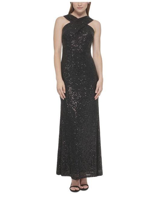 Eliza J Synthetic Sequined Crossover-neck Gown in Black | Lyst Canada