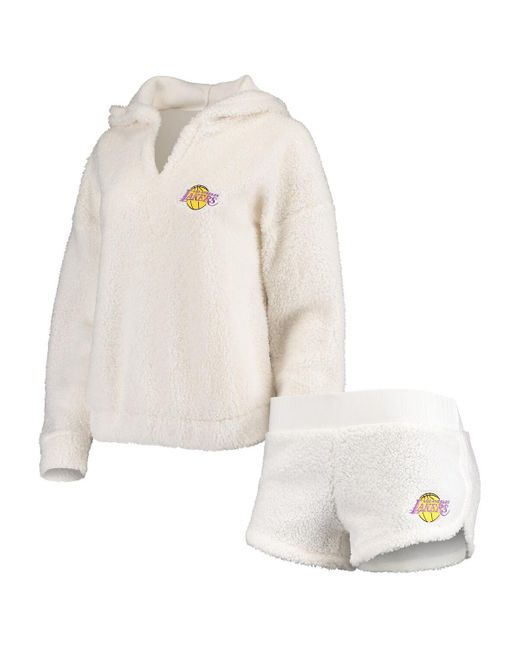 Concepts Sport White Los Angeles Lakers Fluffy Long Sleeve Hoodie Top And Shorts Sleep Set