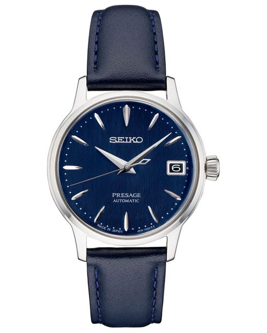 Seiko Automatic Presage Blue Leather Strap Watch 34mm