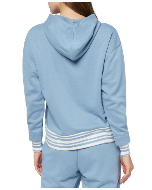 Three Dots Blue Striped Trim Pullover Hoodie