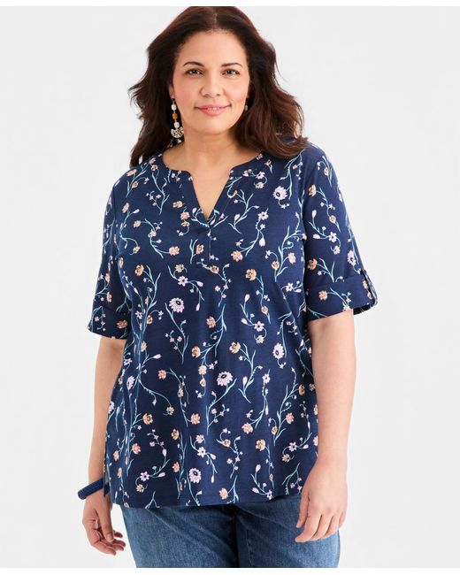 Style & Co. Blue Plus Size Printed Roll-tab Split-neck Elbow-sleeve Tunic