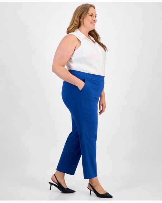 Kasper Blue Plus Size High Rise Straight Leg Pull-on Pants