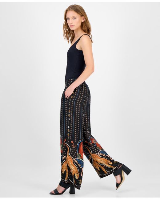 Tahari Blue Printed Pull-on Wide-leg Pants