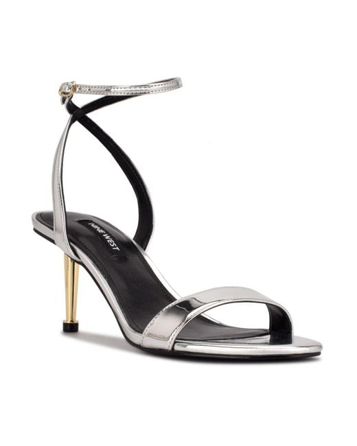 Nine West Leather Anny Ankle Strap Heeled Sandals in Metallic | Lyst