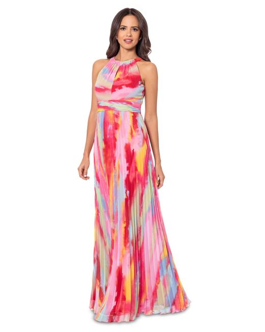 Xscape Pink Petite Printed Pleated Maxi Dress