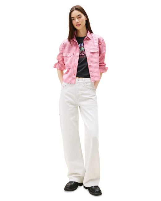 Tommy Hilfiger Pink Crest Embroidery Relaxed Fit Cropped Shirt