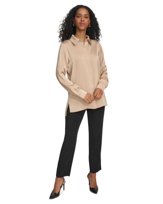 Calvin Klein Natural Long Sleeve High-low Collared Shirt