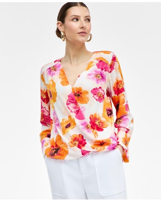 INC International Concepts Red Printed Surplice Blouse
