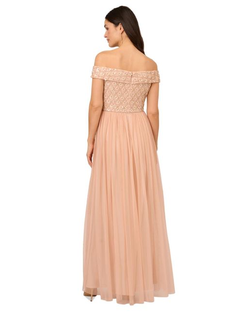 Adrianna Papell Natural Beaded Off-the-shoulder Gown