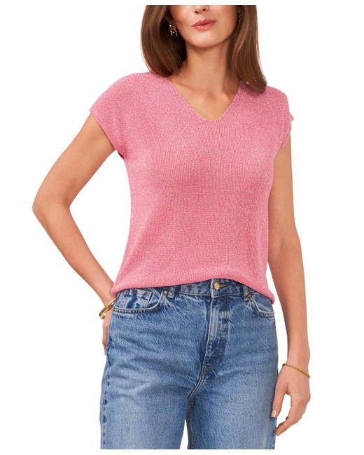 Vince Camuto Red Metallic V-neck Short-sleeve Sweater