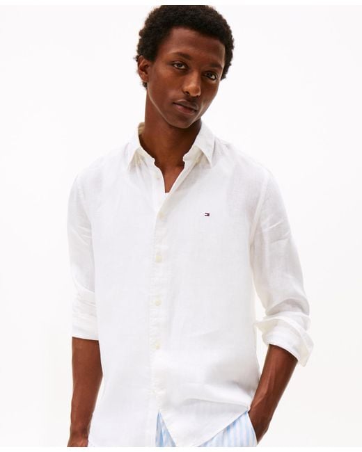Tommy Hilfiger White Pigment-dyed Linen Button-down Long Sleeve Shirt for men