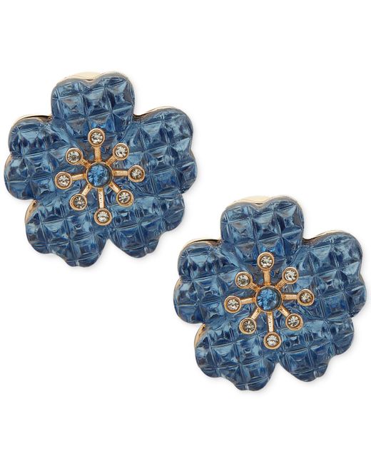 Anne Klein Blue Gold-tone Pave & Crystal Flower Clip-on Button Earrings