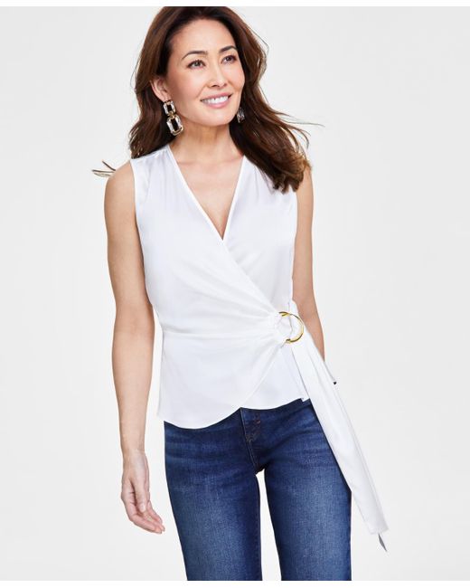 INC International Concepts White Belted Sleeveless Wrap Top