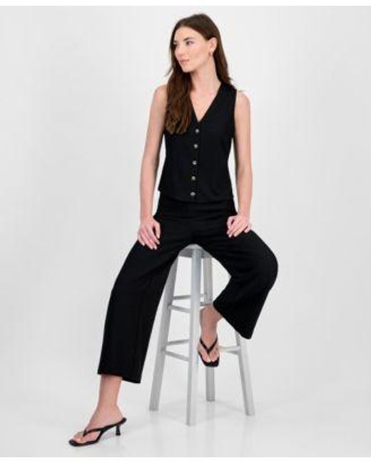 BarIII Black Textured Knit Button Front Vest Cropped Pull On Pants Exclusively At Macys