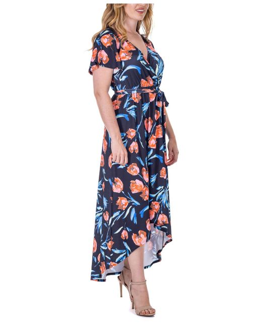 24seven Comfort Apparel Blue Print V Neck Belted High Low Faux Wrap Dress