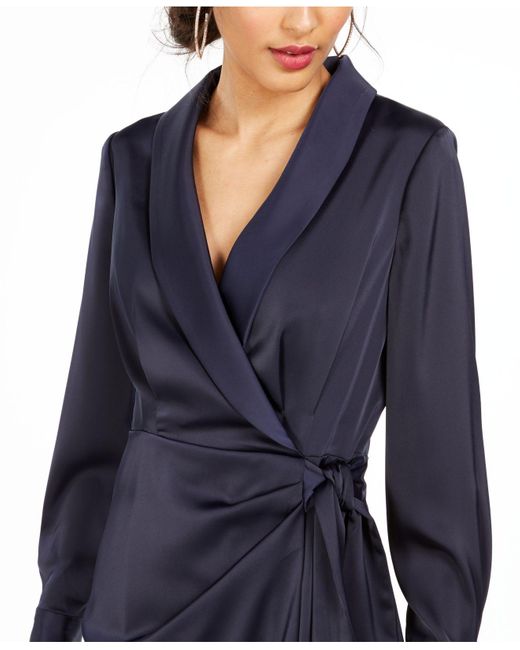 Satin Long Sleeve Faux Wrap Dress 