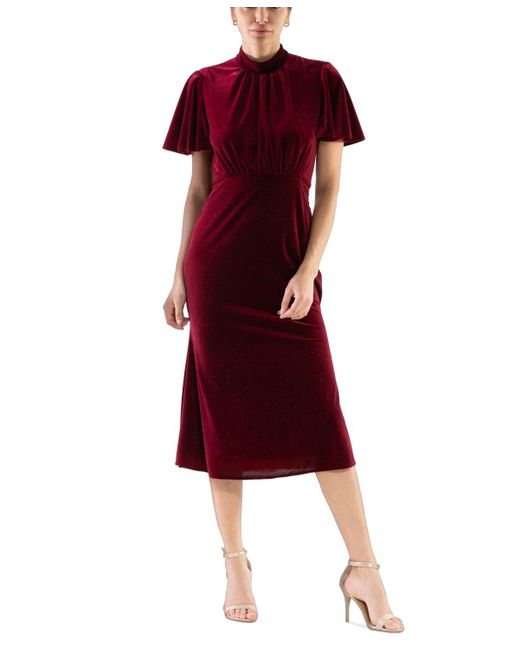 Julia Jordan Red Velvet Mock-neck Flutter-sleeve Dress