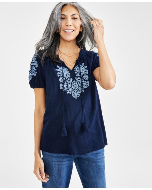 Style & Co. Blue Petite Vacay Embroidered Tassel-tie Top