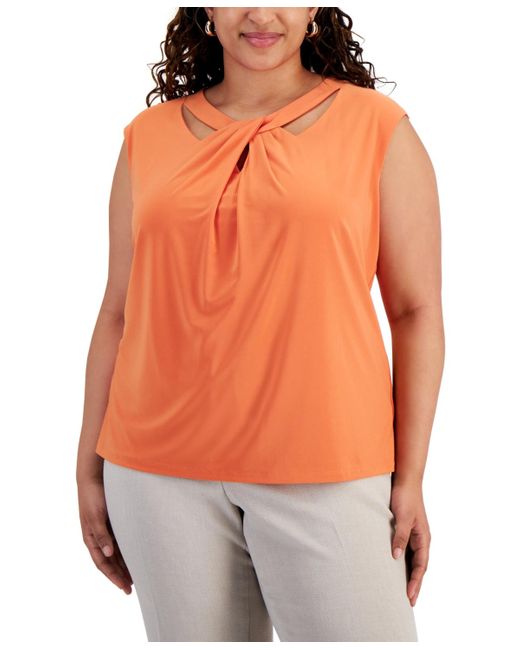 Kasper Orange Plus Size Twist-neck Sleeveless Blouse