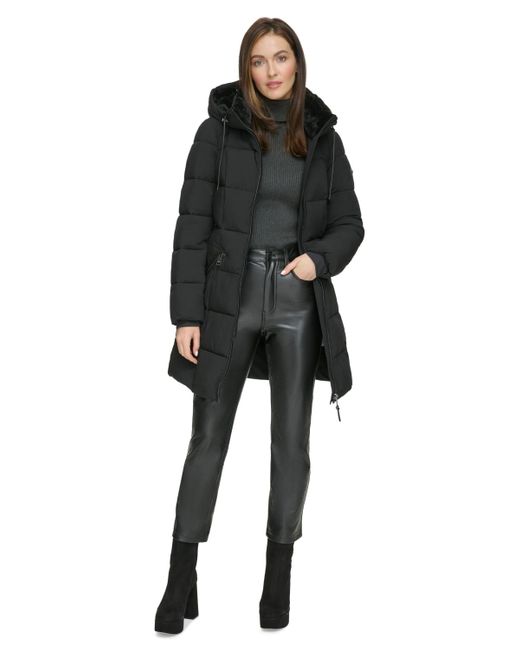 DKNY Black Faux-fur-trim Hooded Puffer Coat