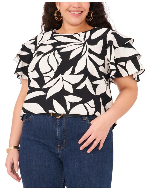 Vince Camuto Blue Plus Size Printed Tiered-ruffle-sleeve Top