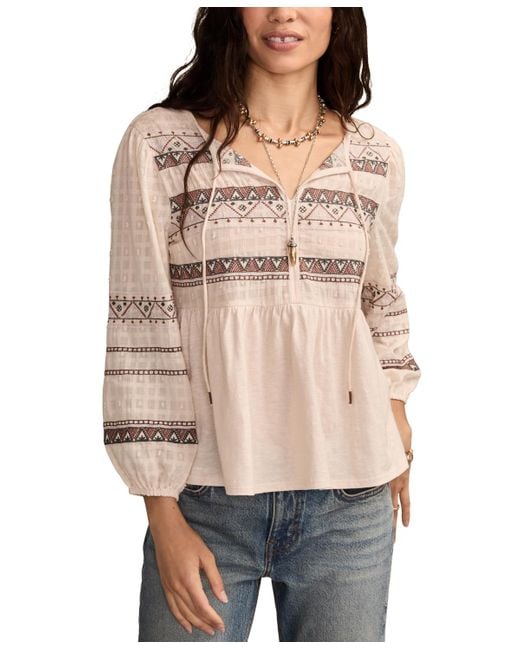 Lucky Brand Natural Mixed Trim Peasant Top