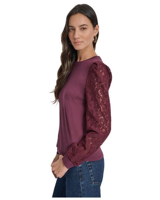 DKNY Blue Lace Puff-sleeve Crewneck Top