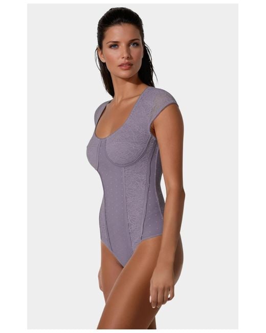 Bebe Purple Swiss Dot Lace Bodysuit