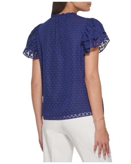 Tommy Hilfiger Blue Clip-dot Ruffled-sleeve Tie-neck Woven Blouse