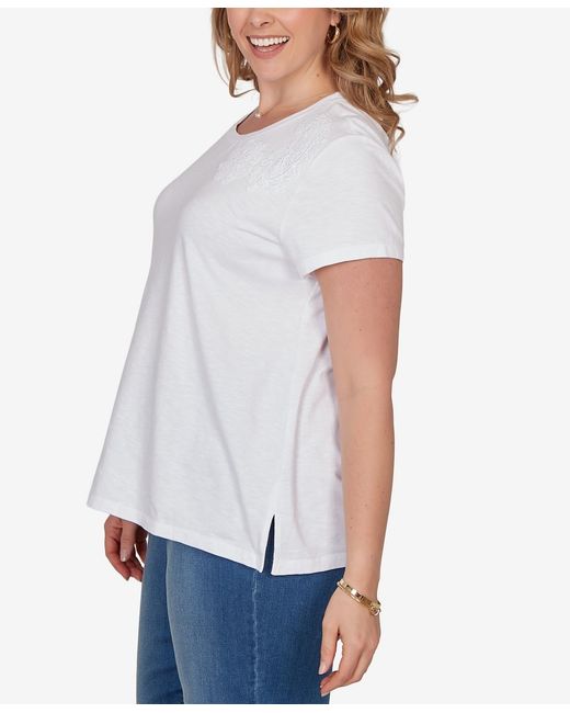 Ruby Rd White Plus Size Paisley Lace Solid Knit T-shirt