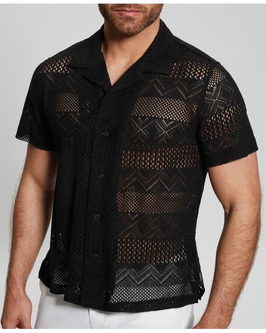 Guess White Short-sleeve Geometric Crochet-knit Shirt for men