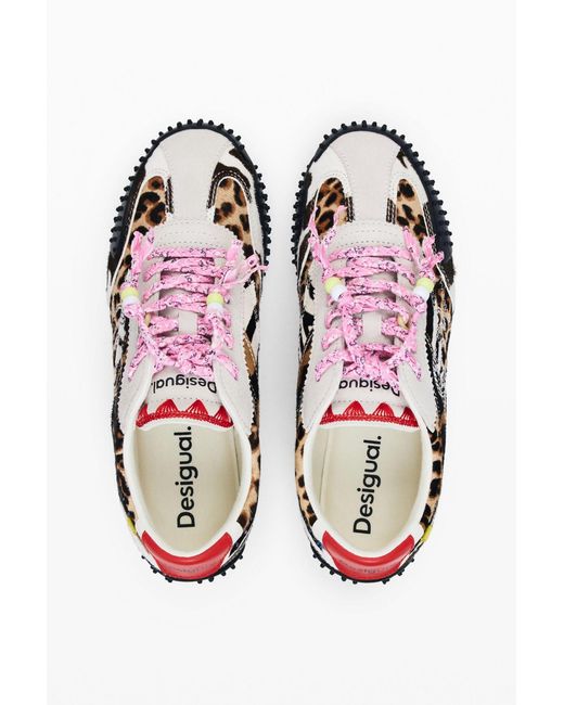 Desigual White Patchwork Animal Print Sneakers