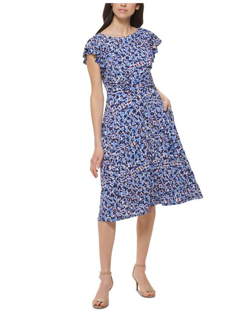 Jessica Howard Synthetic Petite Flutter-sleeve Midi Dress in Blue | Lyst