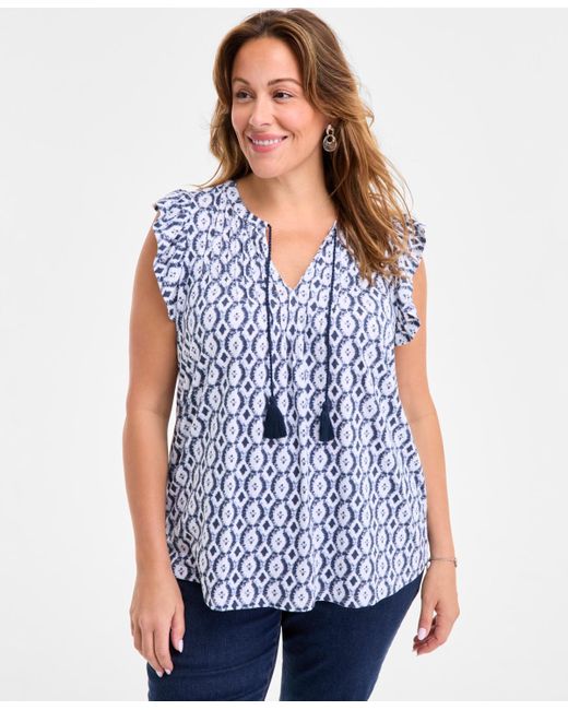 Style & Co. Blue Plus Size Printed Ruffle Pintuck Top