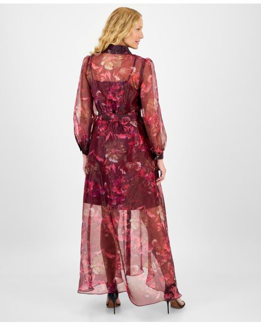 Julia Jordan Red Printed Button-front Long-sleeve Gown